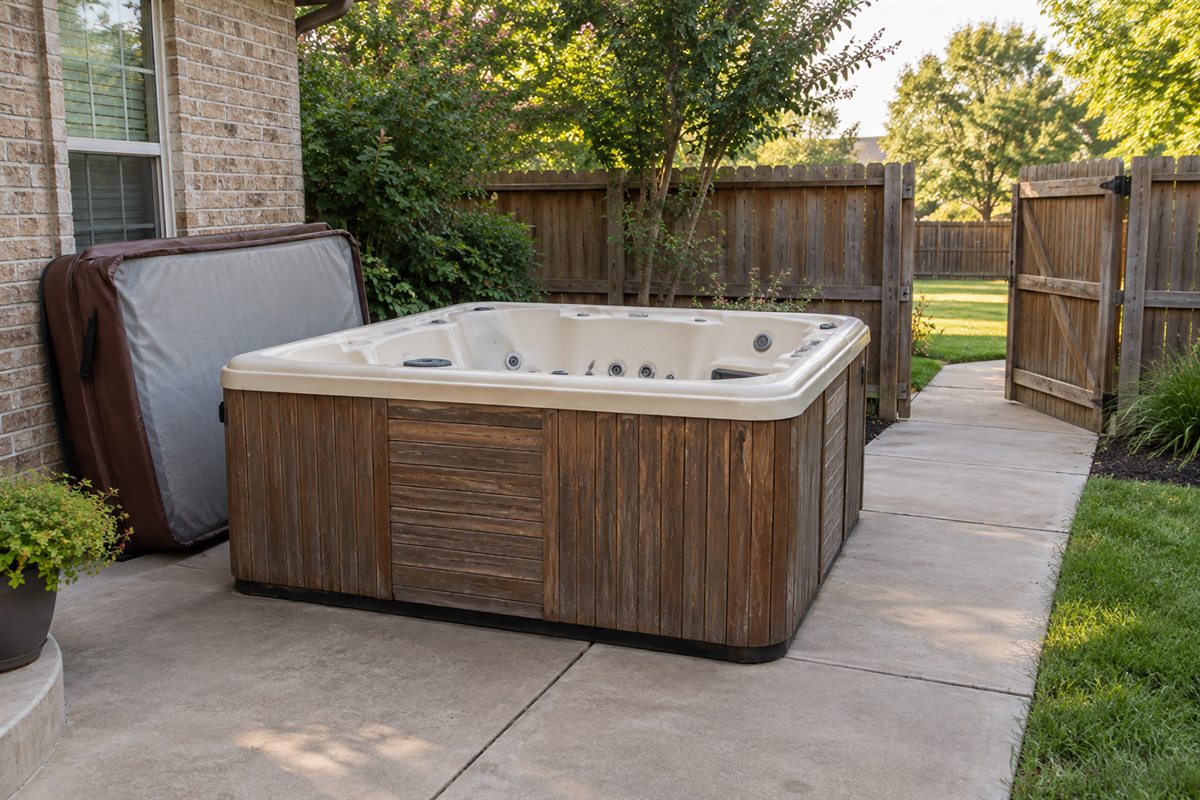 An uncovered hot tub and detached cover on a patio, with a paved path to an open gate.
