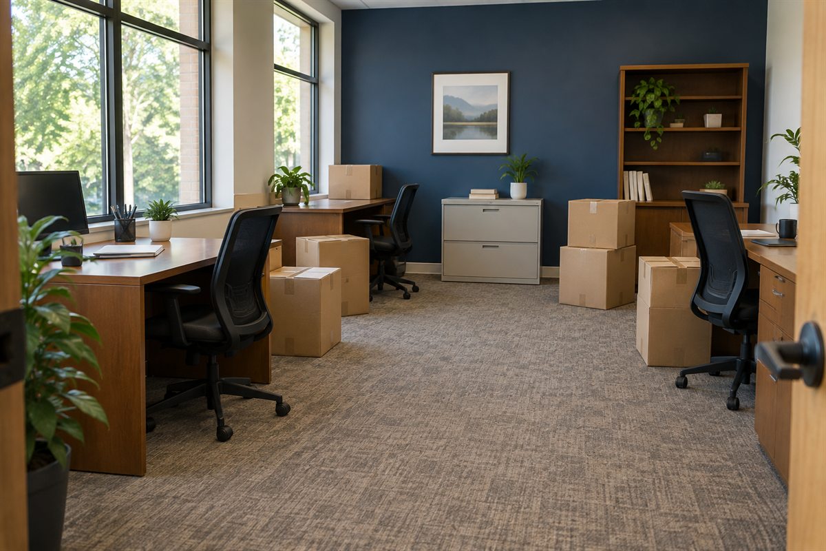 Desks, office chairs and packed boxes in an office being prepared for a cleanout.